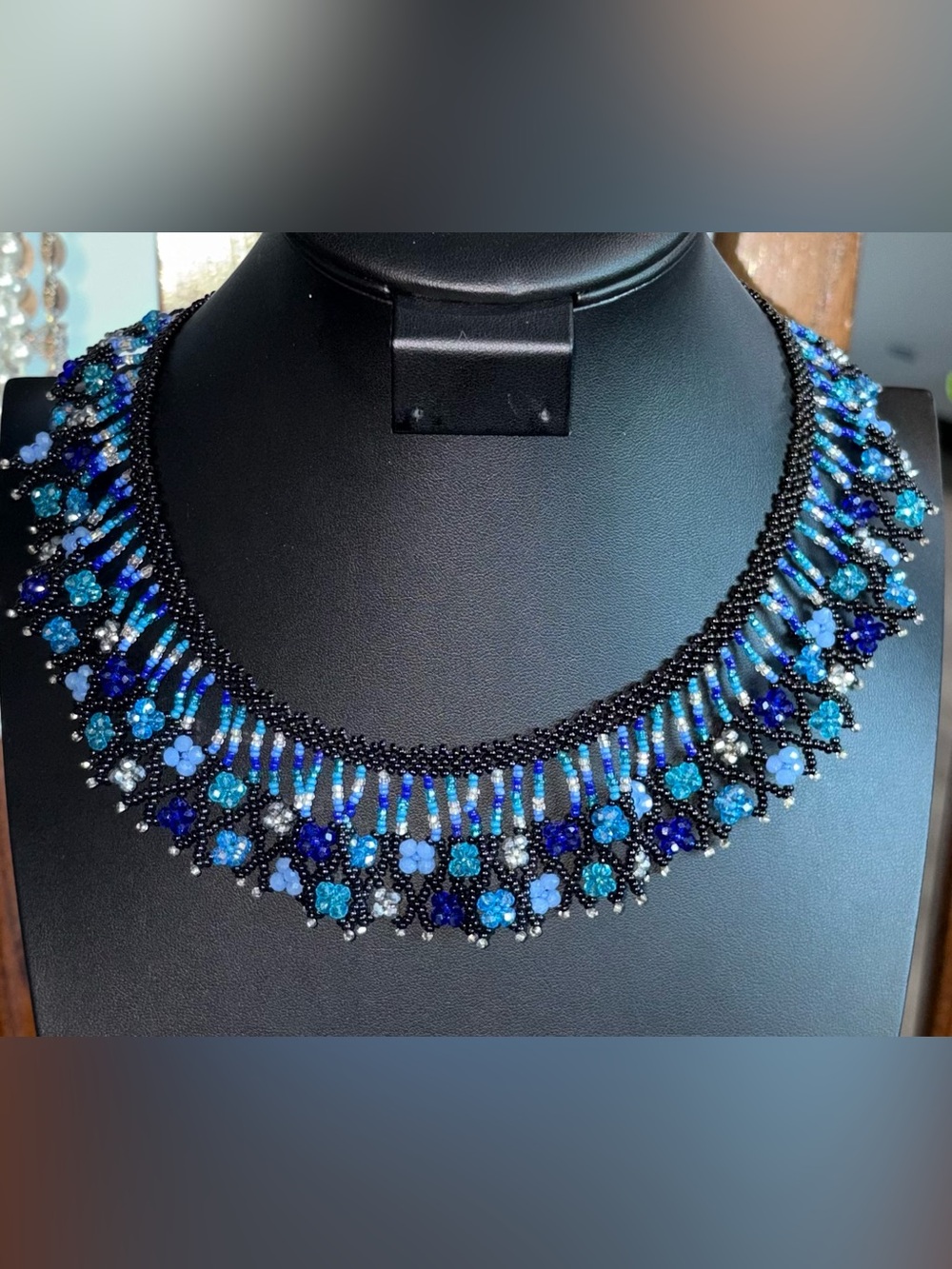 Vintage Beaded Collar Necklace | Blue & Black Statement Bib Necklace